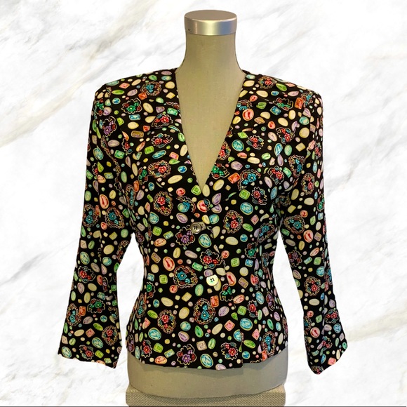 Vintage Jackets & Blazers - Vintage | 100% Silk Jewel Printed Black Blazer